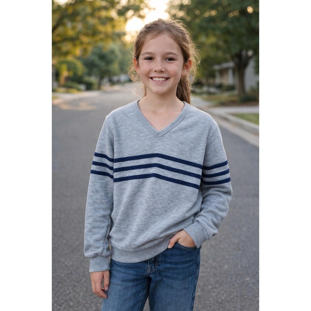 Vintage Julie Girl Gray Navy Striped V-Neck Sweatshirt Kids Large Made in USA